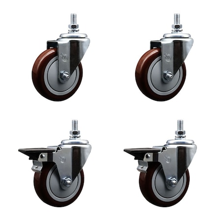 Service Caster 4 Inch Maroon Polyurethane 10 MM Threaded Stem Caster Set 2 Brakes SCC SCC-TS20S414-PPUB-MRN-M1015-2-PLB-2